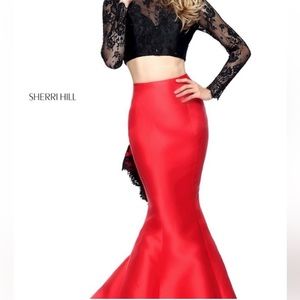 Sherri Hill Red & Black Lace Two Piece Dress